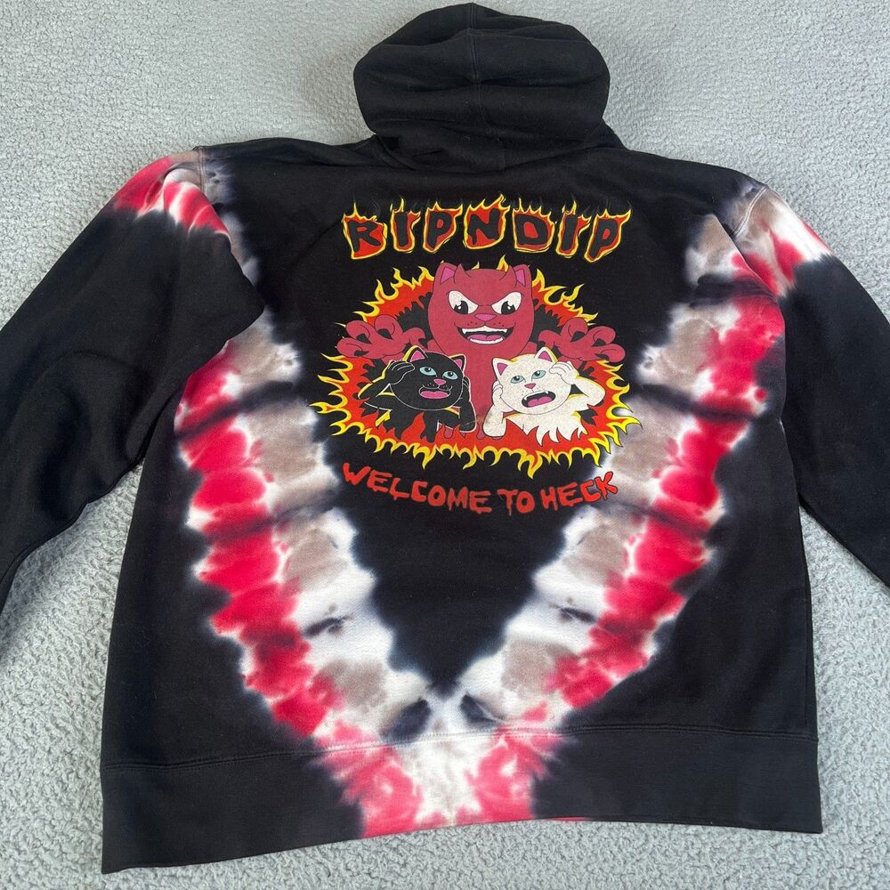 RIPNDIP Dark Side Hoodie Mens M Black Red Sweatshirt Nerm Cat Tie Dye Sweater
